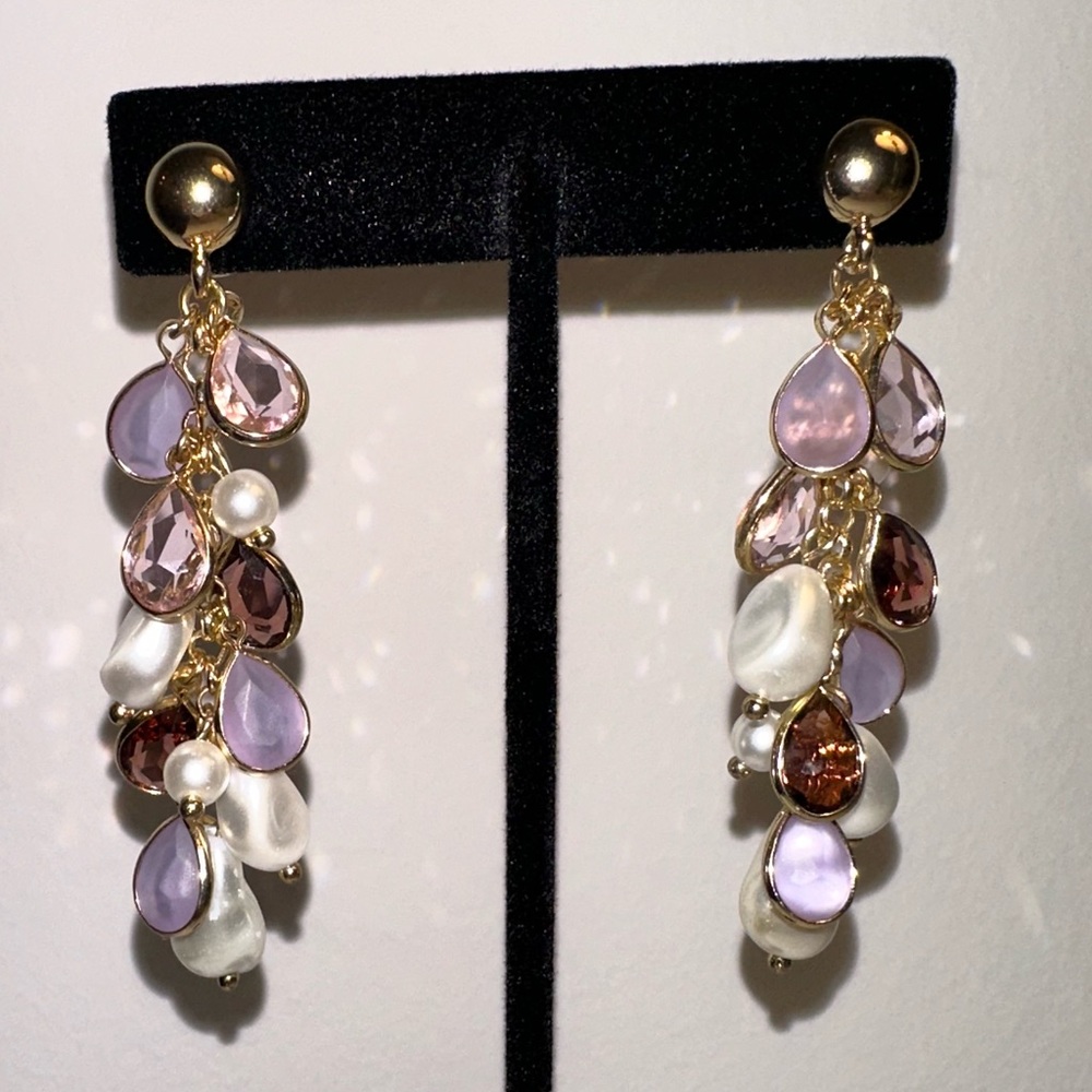 Gold Tone Dangle Earrings – Pink & Purple Teardrop Beads with Faux Pearls